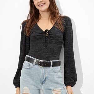 American Eagle True Black Shine Puff Sleeve Long Sleeve Bodysuit Size Small